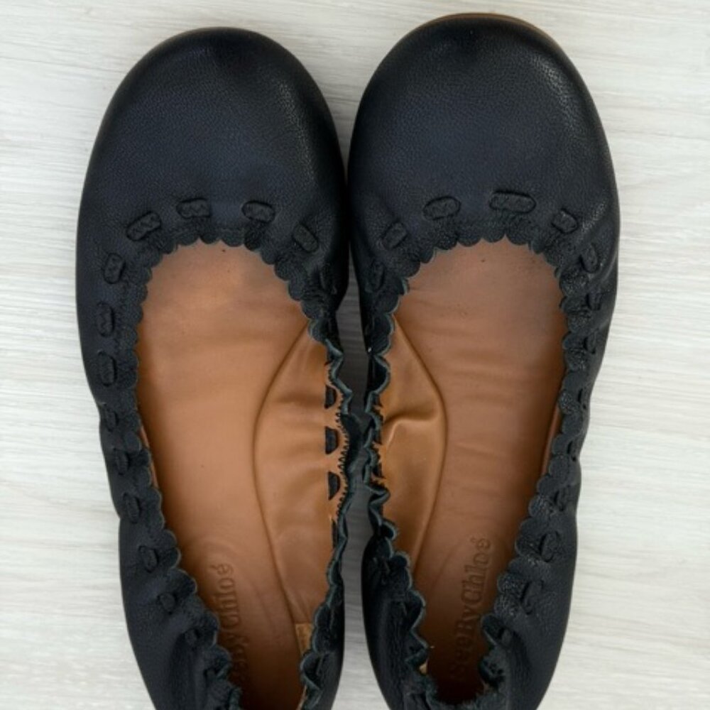 See by Chloe Black Leather Jane Scallop Ballet Flats Size 36.5 (US Womens 6)
